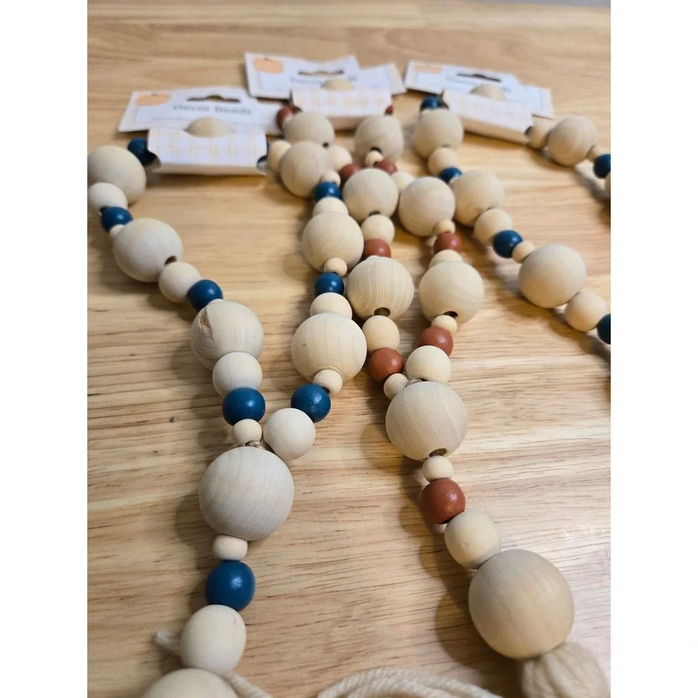 Perfect Harvest Wood Decor Beads Farmhouse Garland Blue Orange Tassel Set of 3